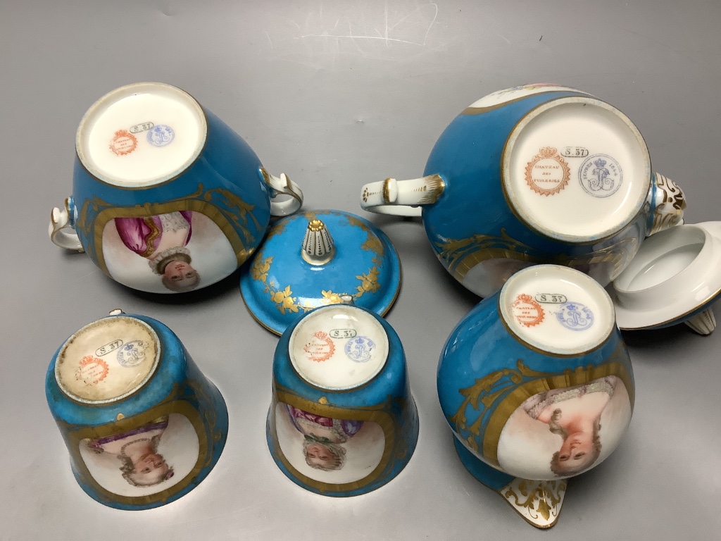 A 19th century Sevres style porcelain part tea set, largest diameter 16cm